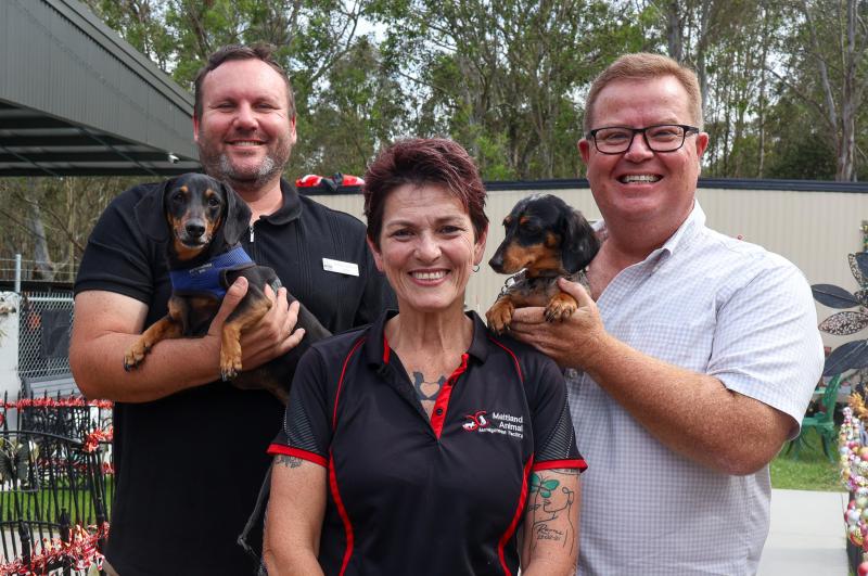 Maitland and Cessnock Mayors Philip Penfold and Daniel Watton with Maitland Animal Management Facility staff member Dee Walton