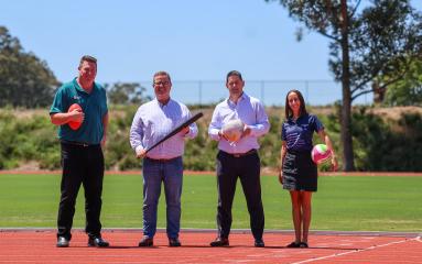 Maitland Mayor Philip Penfold and General Manager Jeff Smith with Hunter Academy of Sport Regional Manager Emily Burgess-Moore and Group CEO Brett O'Farrell at Maitland Regional Athletics Centre