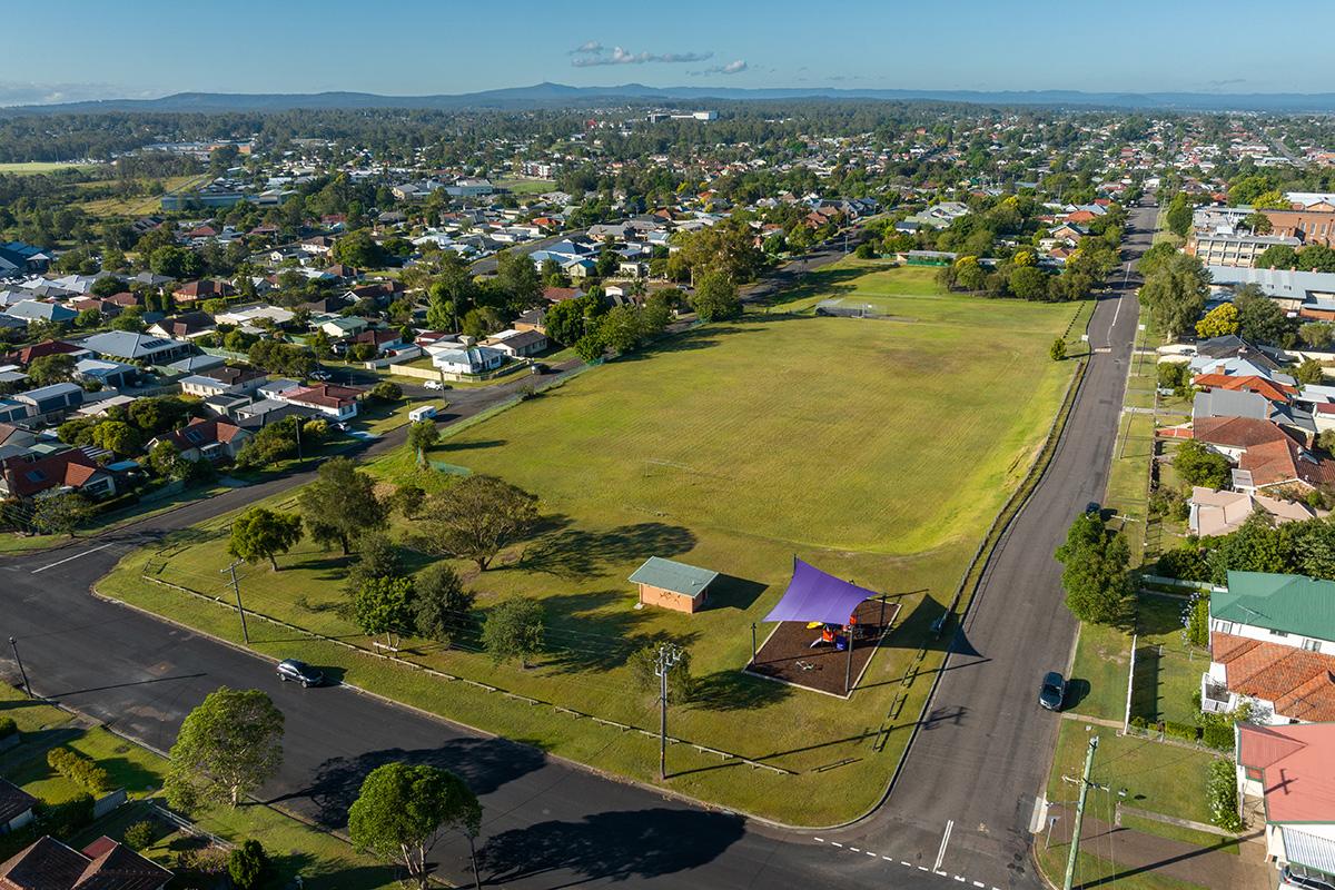 Aerial view of park, amenities and oval