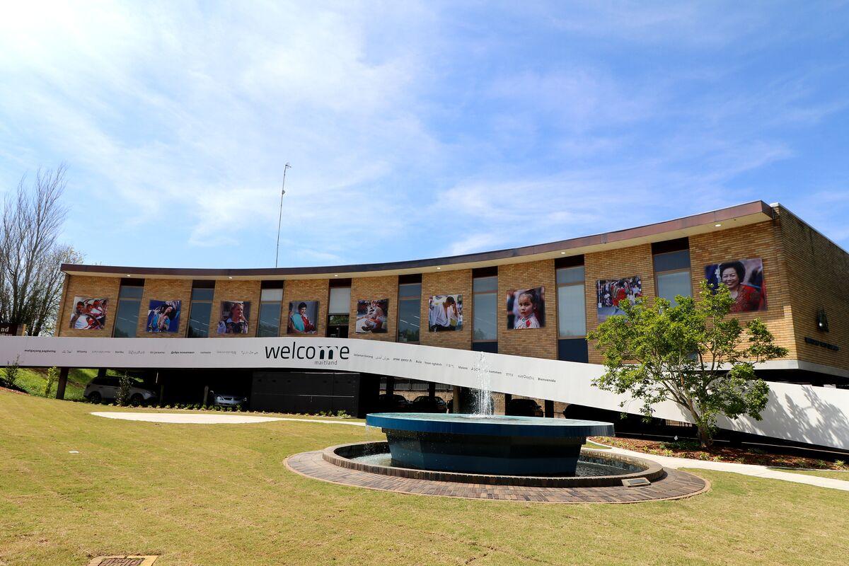 Maitland Library, ramp, fountain and grass area