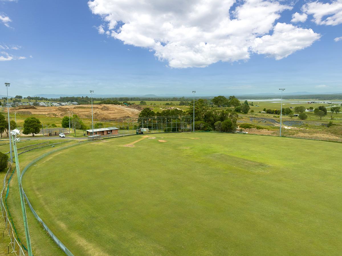 Aerial view of oval and amenities building 