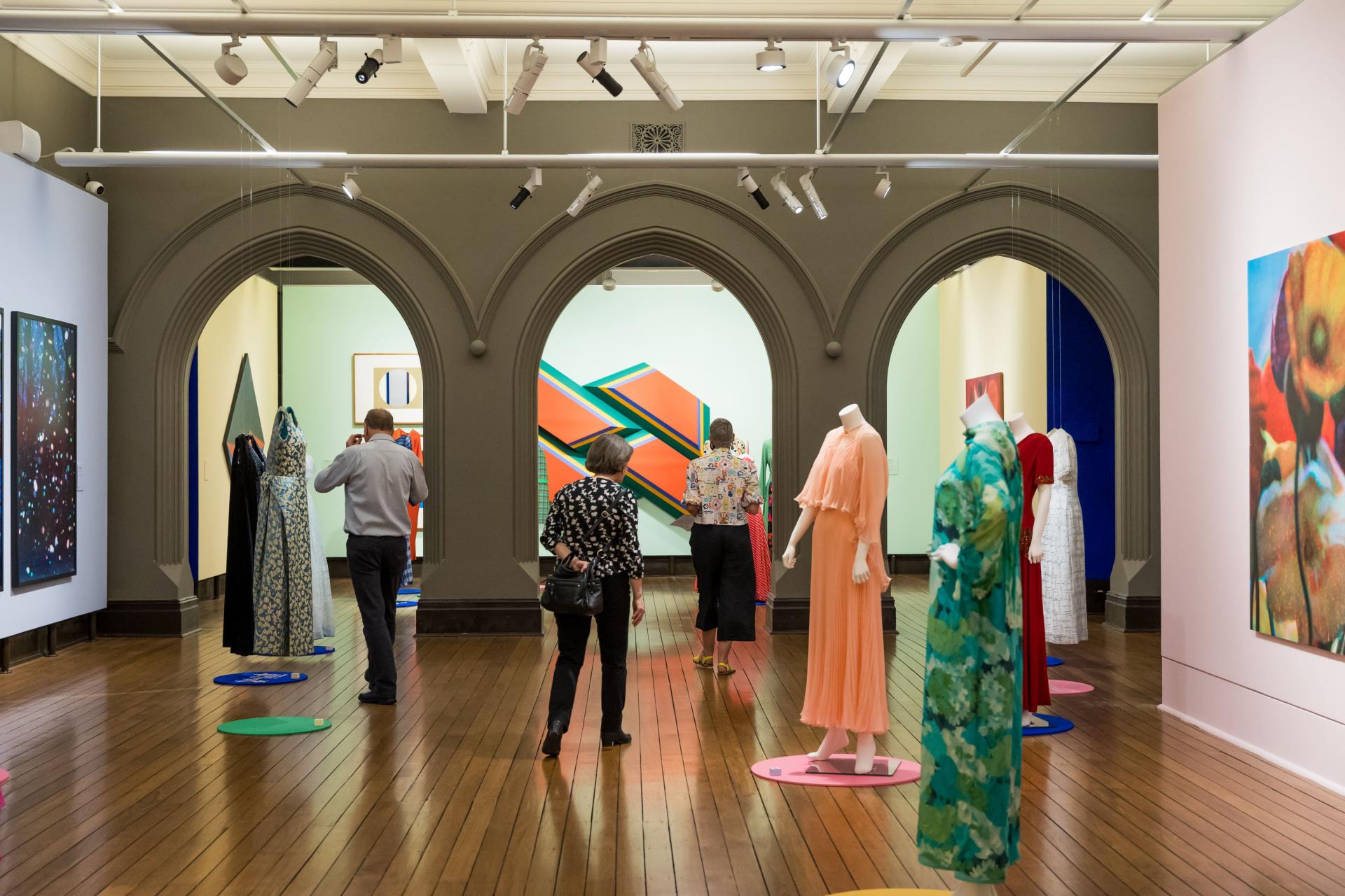 Interior of Maitland Regional Art Gallery, featuring the exhibition Collecting in Colour: Stories of Fashion and Art 