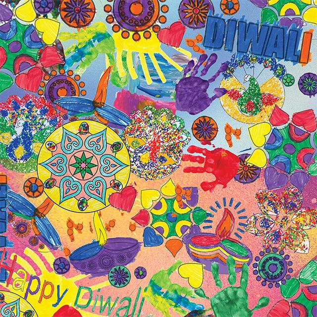 A series of bright colourful patterns, hand prints and multicoloured rice decorations  for Diwali (festival of lights) celebrated at this time of year