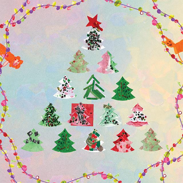 A series of individually decorated Christmas trees